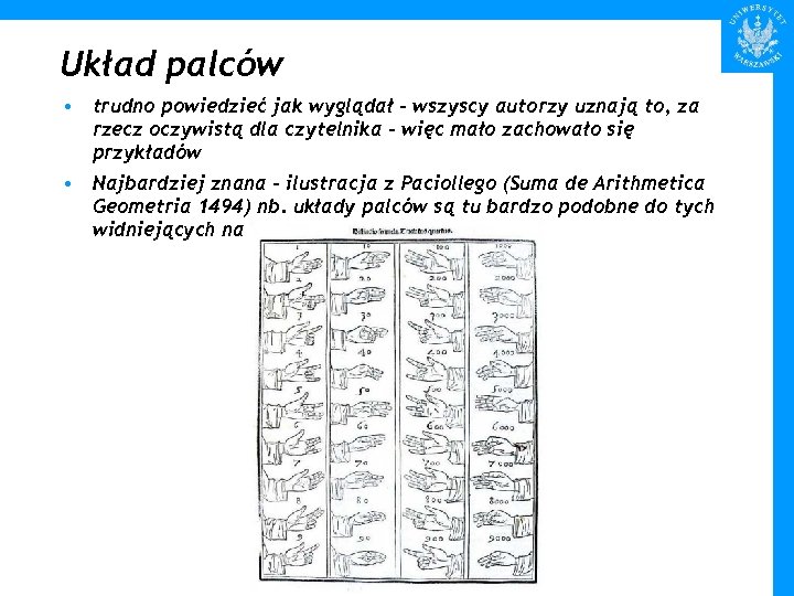 Układ palców • trudno powiedzieć jak wyglądał – wszyscy autorzy uznają to, za rzecz