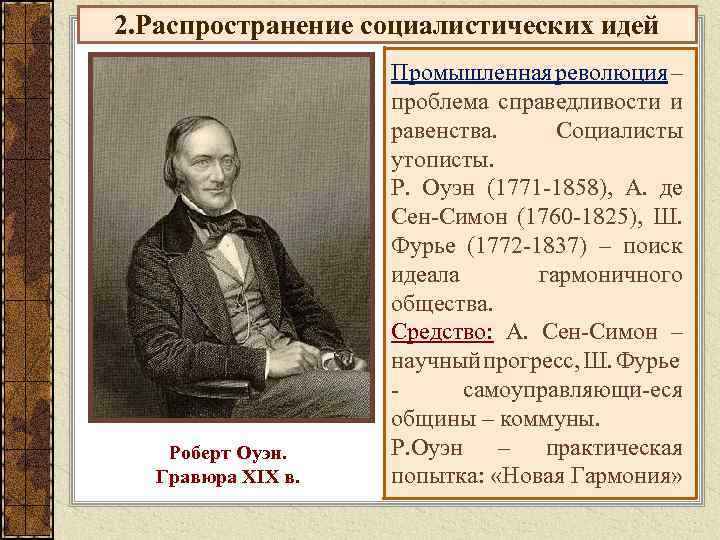 2. Распространение социалистических идей Роберт Оуэн. Гравюра XIX в. Промышленная революция – проблема справедливости