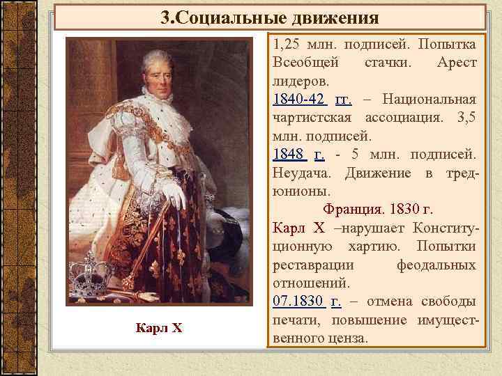 3. Социальные движения Карл X 1, 25 млн. подписей. Попытка Всеобщей стачки. Арест лидеров.