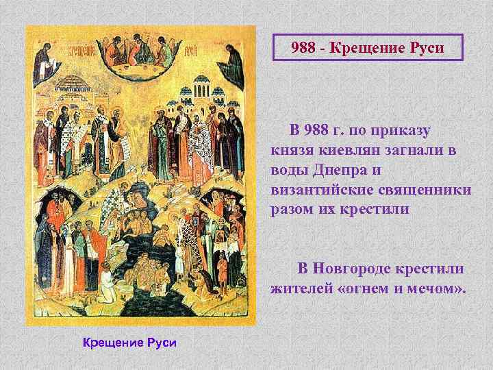 988 - Крещение Руси В 988 г. по приказу князя киевлян загнали в воды