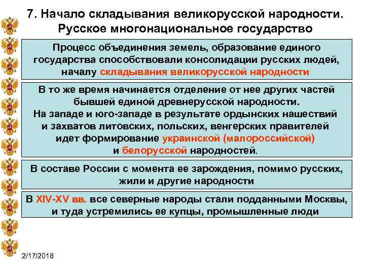 7. Начало складывания великорусской народности. Русское многонациональное государство Процесс объединения земель, образование единого государства