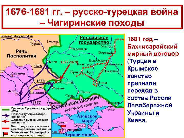 1676 -1681 гг. – русско-турецкая война – Чигиринские походы 1681 год – Бахчисарайский мирный