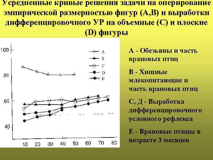 Усредненные кривые решения задачи на оперирование эмпирической размерностью фигур (А, B) и выработки дифференцировочного