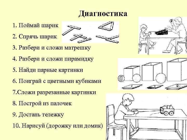 Диагностика 1. Поймай шарик 2. Спрячь шарик 3. Разбери и сложи матрешку 4. Разбери