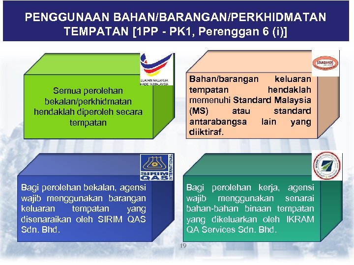 PENGGUNAAN BAHAN/BARANGAN/PERKHIDMATAN TEMPATAN [1 PP - PK 1, Perenggan 6 (i)] Bahan/barangan keluaran tempatan