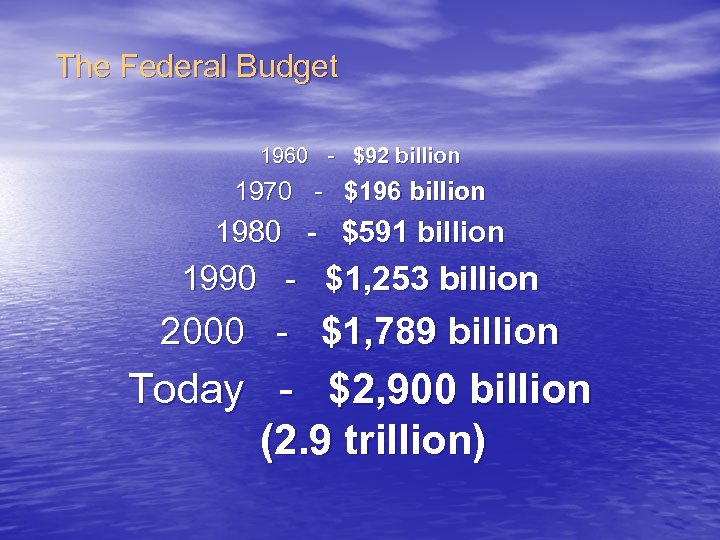 The Federal Budget 1960 - $92 billion 1970 - $196 billion 1980 - $591