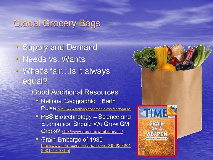 Global Grocery Bags • Supply and Demand • Needs vs. Wants • What’s fair…is