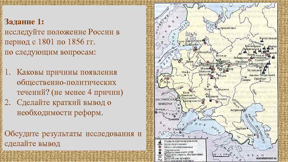 Задание 1: исследуйте положение России в период с 1801 по 1856 гг. по следующим