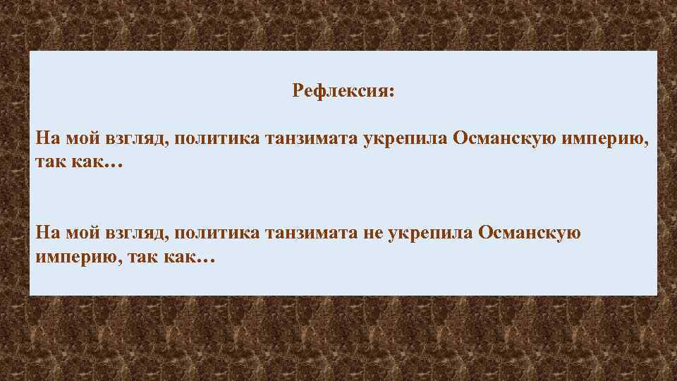 Рефлексия: На мой взгляд, политика танзимата укрепила Османскую империю, так как… На мой взгляд,