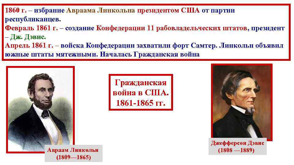 1860 г. – избрание Авраама Линкольна президентом США от партии республиканцев. Февраль 1861 г.