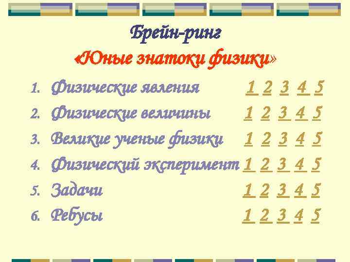 Брейн-ринг «Юные знатоки физики» 1. 2. 3. 4. 5. 6. Физические явления 1 2