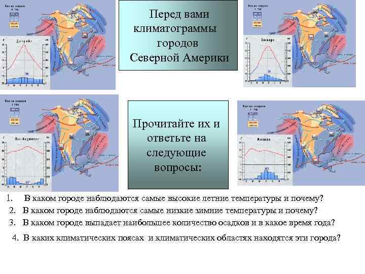 Перед вами климатограммы городов Северной Америки Прочитайте их и ответьте на следующие вопросы: 1.