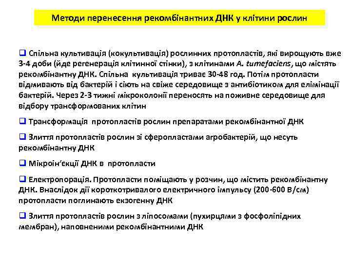 Методи перенесення рекомбінантних ДНК у клітини рослин q Спільна культивація (кокультивація) рослинних протопластів, які