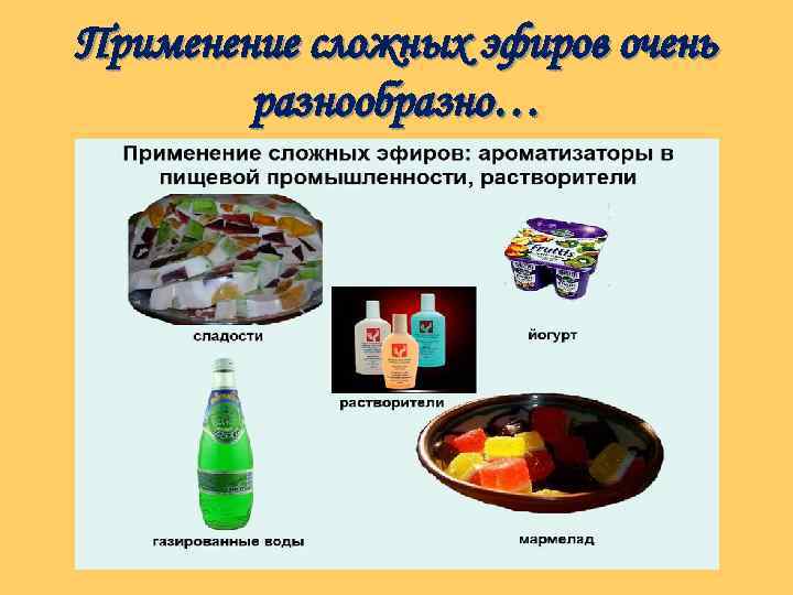 Применение сложных эфиров очень разнообразно… 