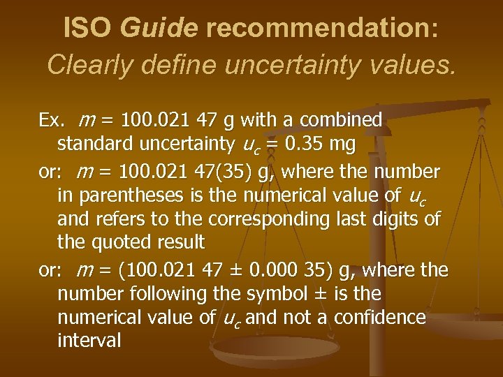 ISO Guide recommendation: Clearly define uncertainty values. Ex. m = 100. 021 47 g