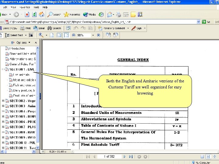 Both the English and Amharic versions of the Customs Tariff are well organized for