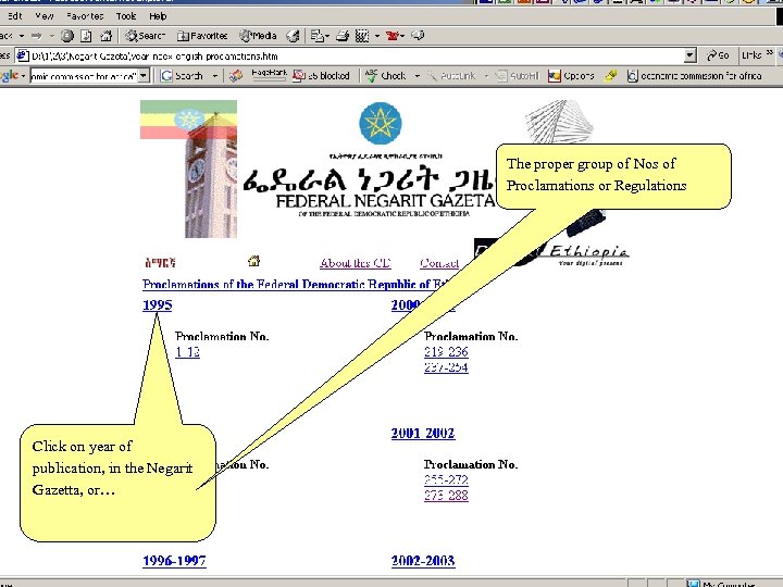 The proper group of Nos of Proclamations or Regulations Click on year of publication,