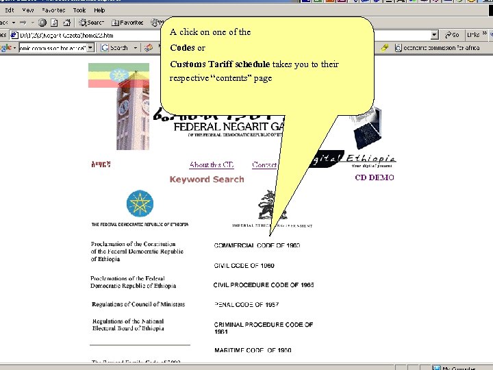 A click on one of the Codes or Customs Tariff schedule takes you to