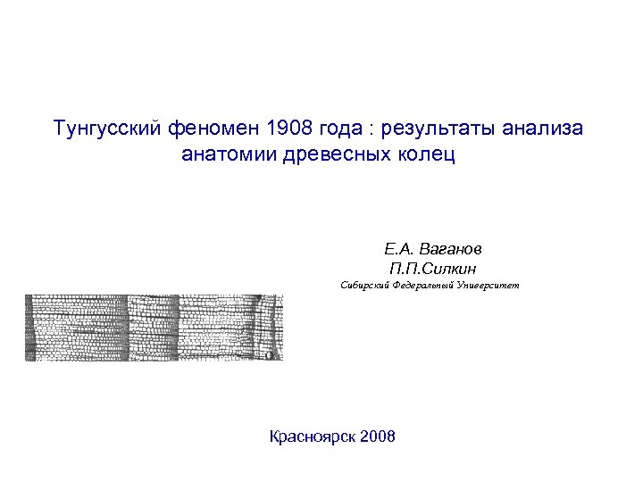 Тунгусский феномен 1908 года : результаты анализа анатомии древесных колец Е. А. Ваганов П.