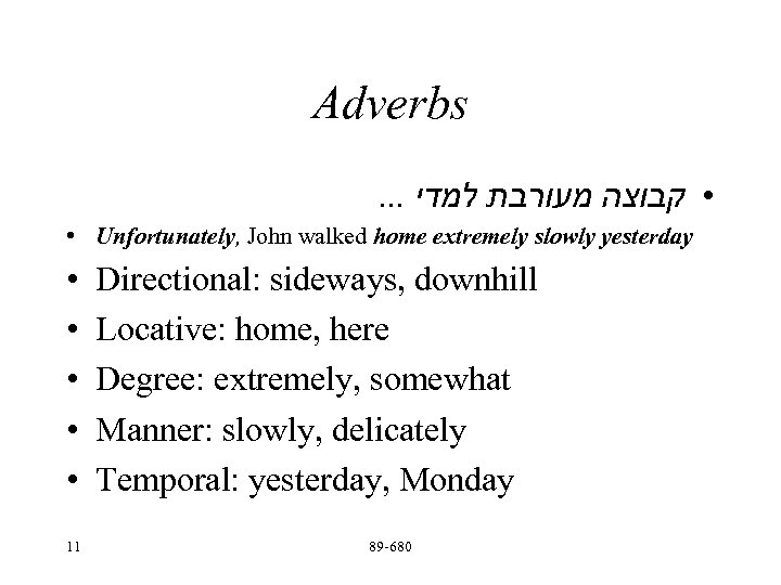 Adverbs. . . • קבוצה מעורבת למדי • Unfortunately, John walked home extremely slowly