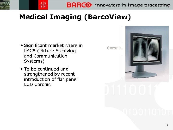 Medical Imaging (Barco. View) • Significant market share in PACS (Picture Archiving and Communication
