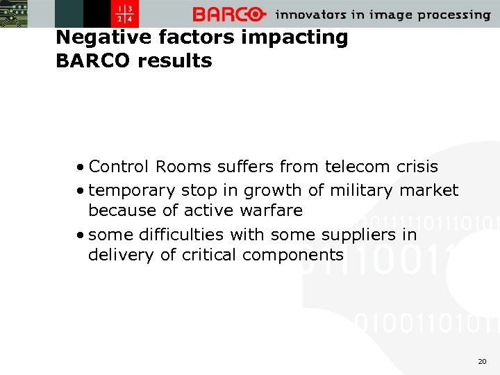 Negative factors impacting BARCO results • Control Rooms suffers from telecom crisis • temporary