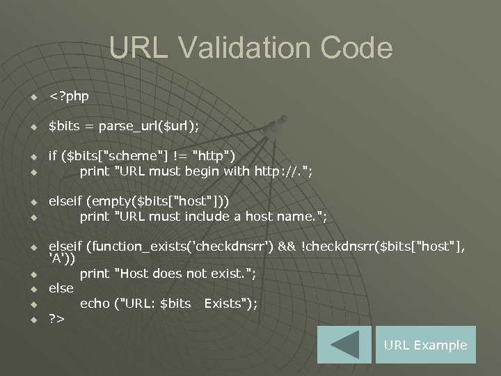 URL Validation Code u <? php u $bits = parse_url($url); u u u u