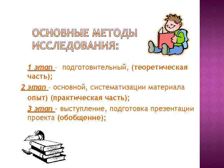 1 этап – подготовительный, (теоретическая часть); 2 этап – основной, систематизации материала опыт) (практическая