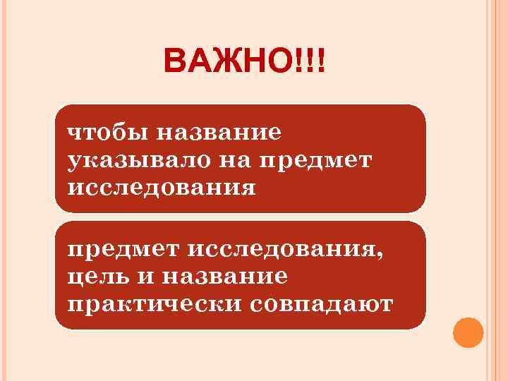 ВАЖНО!!! чтобы название указывало на предмет исследования, цель и название практически совпадают 