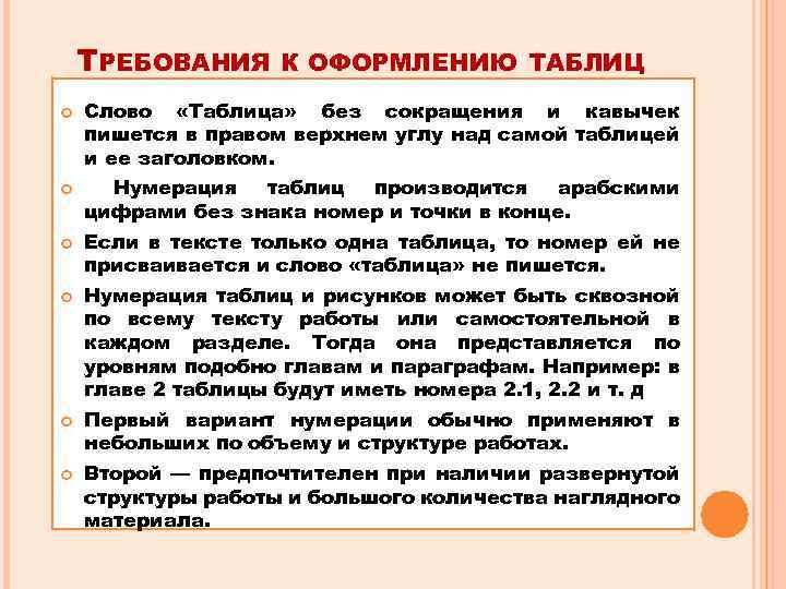 ТРЕБОВАНИЯ К ОФОРМЛЕНИЮ ТАБЛИЦ Слово «Таблица» без сокращения и кавычек пишется в правом верхнем