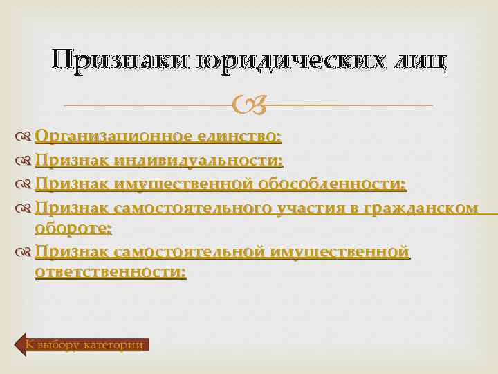 Признаки юридических лиц Организационное единство; Признак индивидуальности; Признак имущественной обособленности; Признак самостоятельного участия в