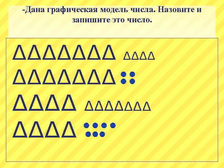 -Дана графическая модель числа. Назовите и запишите это число. ∆∆∆∆∆∆∆ ∆∆∆∆∆∆∆ 