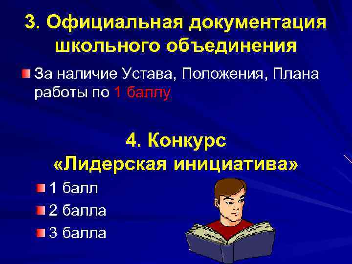 3. Официальная документация школьного объединения За наличие Устава, Положения, Плана работы по 1 баллу