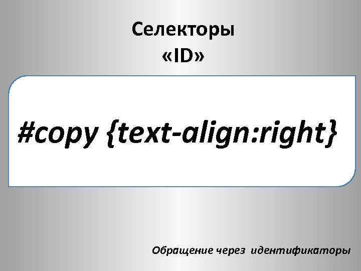 Селекторы «ID» #copy {text-align: right} Обращение через идентификаторы 