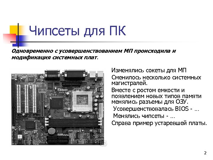 Чипсеты для ПК Одновременно с усовершенствованием МП происходила и модификация системных плат. n n