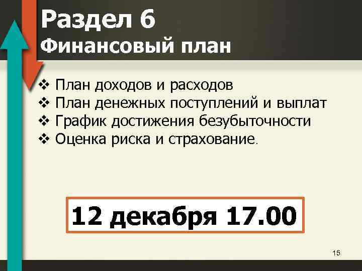 Раздел 6 Финансовый план v План доходов и расходов v План денежных поступлений и