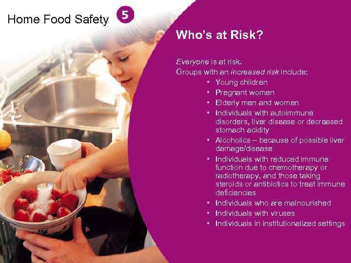 Home Food Safety Who’s at Risk? Everyone is at risk. Groups with an increased