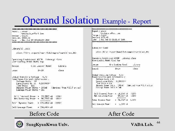 Operand Isolation Example - Report Before Code Sung. Kyun. Kwan Univ. After Code VADA