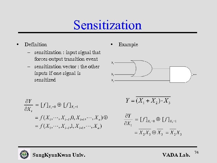 Sensitization • Definition – sensitization : input signal that forces output transition event –