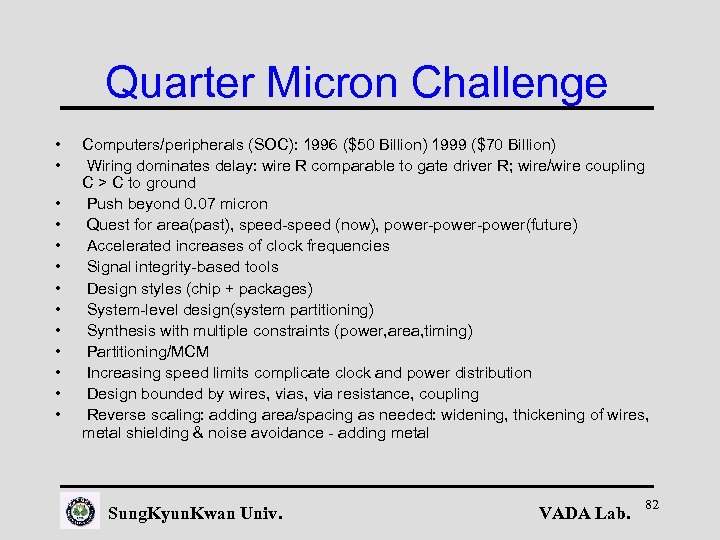 Quarter Micron Challenge • • • • Computers/peripherals (SOC): 1996 ($50 Billion) 1999 ($70