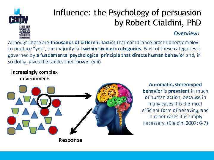 Influence: the Psychology of persuasion by Robert Cialdini, Ph. D Overview: Although there are