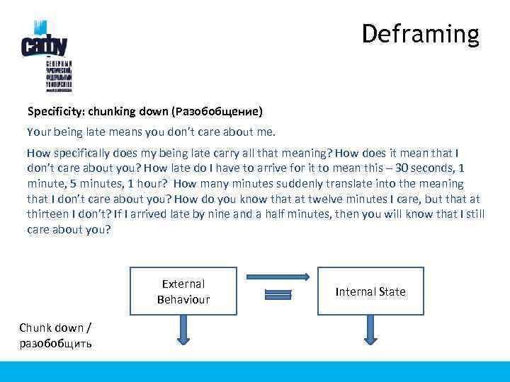 Deframing Specificity: chunking down (Разобобщение) Your being late means you don’t care about me.