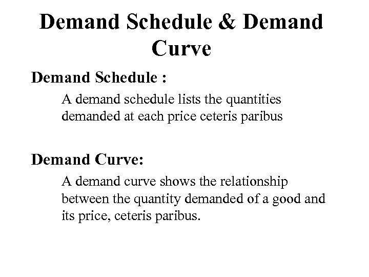 Demand Schedule & Demand Curve Demand Schedule : A demand schedule lists the quantities