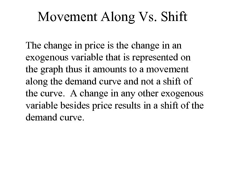 Movement Along Vs. Shift The change in price is the change in an exogenous