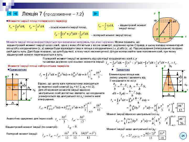 Лекція 7 (продовження – 7. 2) n. Моменти y dy інерції площі поперечного перерізу: