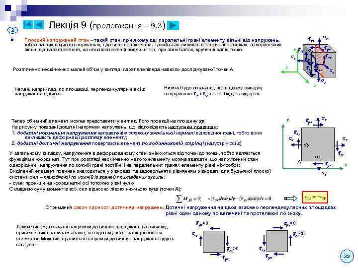 2 n Лекція 9 (продовження – 9. 3) yz Плоский напружений стан – такий