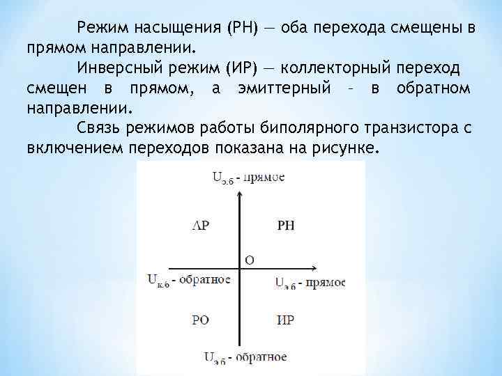 Режим насыщения (РН) — оба перехода смещены в прямом направлении. Инверсный режим (ИР) —