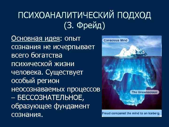 ПСИХОАНАЛИТИЧЕСКИЙ ПОДХОД (З. Фрейд) Основная идея: опыт сознания не исчерпывает всего богатства психической жизни