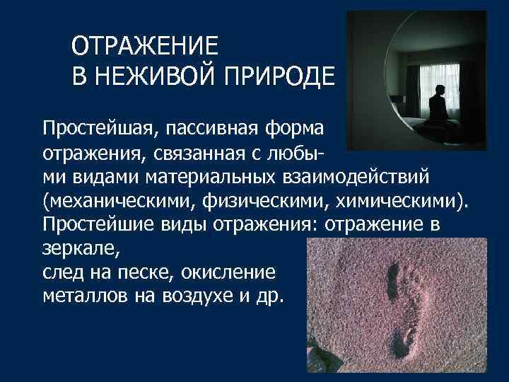 ОТРАЖЕНИЕ В НЕЖИВОЙ ПРИРОДЕ Простейшая, пассивная форма отражения, связанная с любыми видами материальных взаимодействий