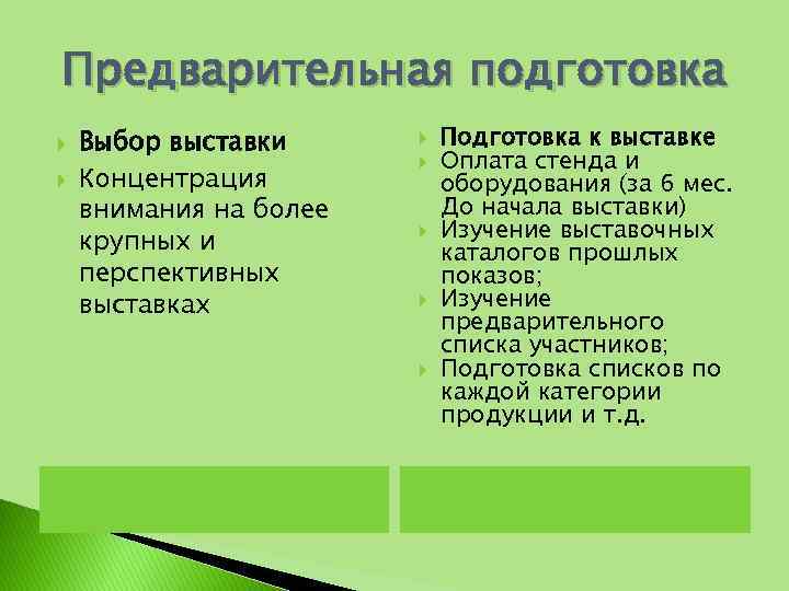 Предварительная подготовка Выбор выставки Концентрация внимания на более крупных и перспективных выставках Подготовка к